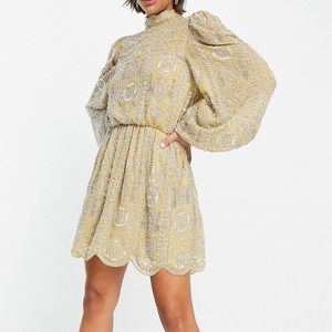 NWT ASOS Stunning beaded mini dress NYE balloon sleeves open back. Size 12 🔥